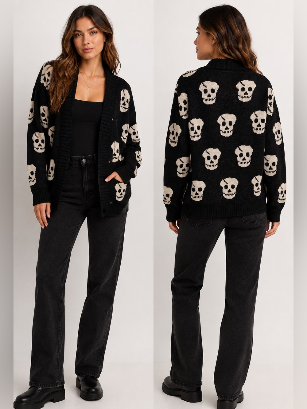 Infiniti Black Skull Pattern Open Front Cardigan Sweater M Medium